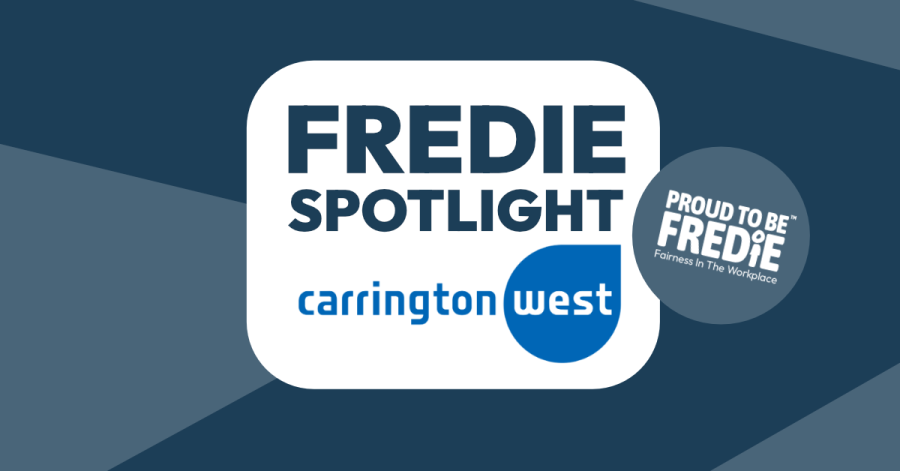 A blue graphic image. white bubble in the centre reads 'fredie spotlight' followed by the carrington west logo